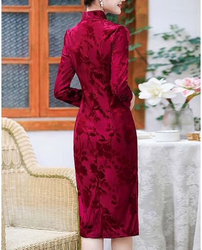 Women's Velour Midi Cheongsam 3/4-length Sleeve Mandarin Collar High Split Slim Fit Tradtional Chinese Qipao Costume in Saudi Arabia