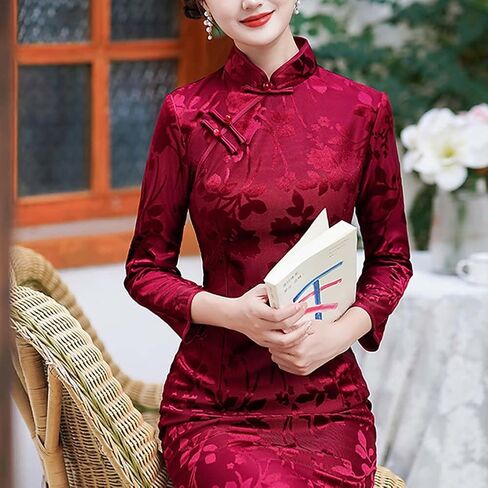 Women's Velour Midi Cheongsam 3/4-length Sleeve Mandarin Collar High Split Slim Fit Tradtional Chinese Qipao Costume in Saudi Arabia