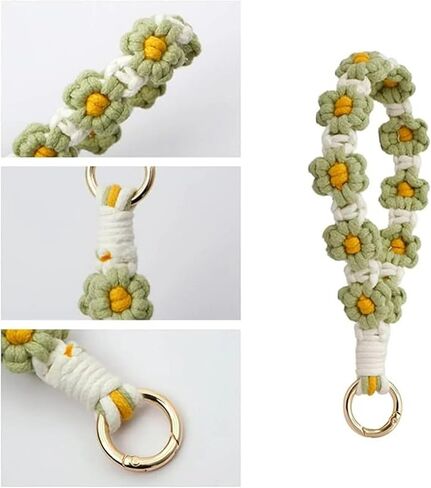 Green Macrame Wristlet Keychain,Cute Daisy Key Chains Women for Car Keys Boho Flower Keychains Handmade Bracelet for Keys Accessories in Saudi Arabia