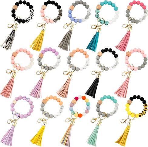 15 Pcs Silicone Beaded Wristlet Keychain, Cute Car Key Ring Bracelet for Women, Wristlet Keychain Bulk with Tassel Bangle Chain in Kuwait