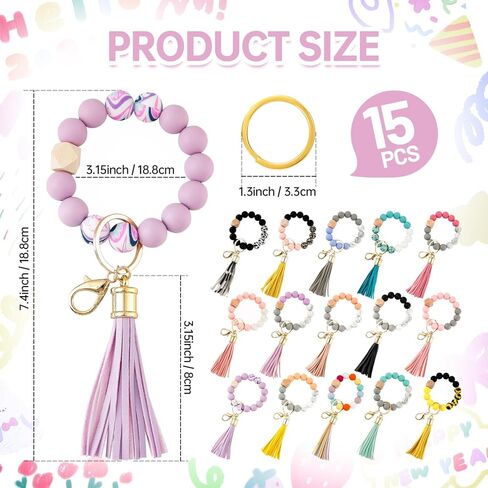15 Pcs Silicone Beaded Wristlet Keychain, Cute Car Key Ring Bracelet for Women, Wristlet Keychain Bulk with Tassel Bangle Chain in Kuwait