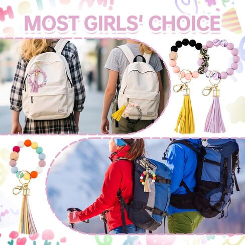 15 Pcs Silicone Beaded Wristlet Keychain, Cute Car Key Ring Bracelet for Women, Wristlet Keychain Bulk with Tassel Bangle Chain in Kuwait