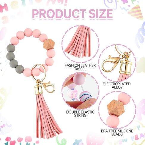 15 Pcs Silicone Beaded Wristlet Keychain, Cute Car Key Ring Bracelet for Women, Wristlet Keychain Bulk with Tassel Bangle Chain in Kuwait