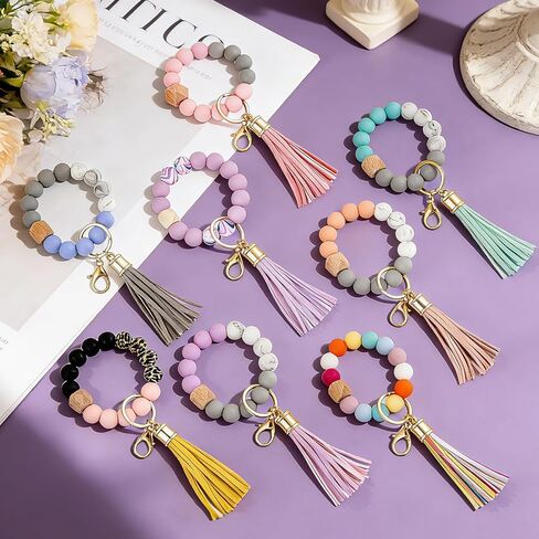 15 Pcs Silicone Beaded Wristlet Keychain, Cute Car Key Ring Bracelet for Women, Wristlet Keychain Bulk with Tassel Bangle Chain in Kuwait