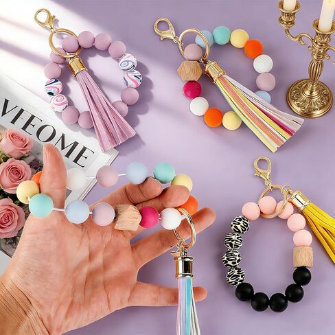 15 Pcs Silicone Beaded Wristlet Keychain, Cute Car Key Ring Bracelet for Women, Wristlet Keychain Bulk with Tassel Bangle Chain in Kuwait