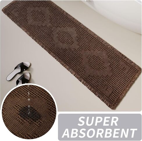 LUFEIJIASHI Non Slip Bath Mats for Bathroom Soft Absorbent Boho Bathroom Rugs with Tassels Waffle Bath Mat Machine Washable Dark Brown, 1'6" x 4' in Kuwait