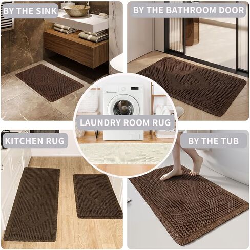 LUFEIJIASHI Non Slip Bath Mats for Bathroom Soft Absorbent Boho Bathroom Rugs with Tassels Waffle Bath Mat Machine Washable Dark Brown, 1'6" x 4' in Kuwait