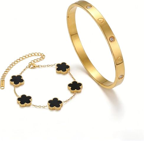 Four Leaf Clover Bracelet Set for Women, Titanium Steel Crystal Bracelets with Cubic Zirconia, 2 Pcs Stackable Jewelry, Ideal Valentine's Day Christmas Birthday Gifts in Saudi Arabia