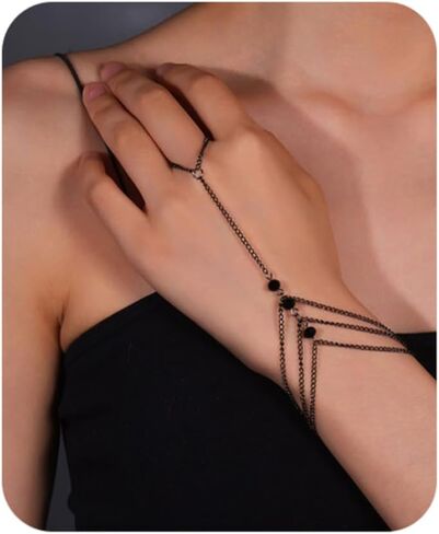 الطبقات شرابة سلسلة اليد سوار مع خواتم الاصبع الرقيق للنساء خمر الأسود الشرير ربط حلقة سوار لذيذ قابل للتعديل هدايا المجوهرات العصرية للنساء in Kuwait