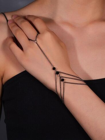 الطبقات شرابة سلسلة اليد سوار مع خواتم الاصبع الرقيق للنساء خمر الأسود الشرير ربط حلقة سوار لذيذ قابل للتعديل هدايا المجوهرات العصرية للنساء in Kuwait