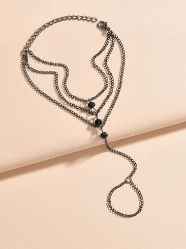 الطبقات شرابة سلسلة اليد سوار مع خواتم الاصبع الرقيق للنساء خمر الأسود الشرير ربط حلقة سوار لذيذ قابل للتعديل هدايا المجوهرات العصرية للنساء in Kuwait