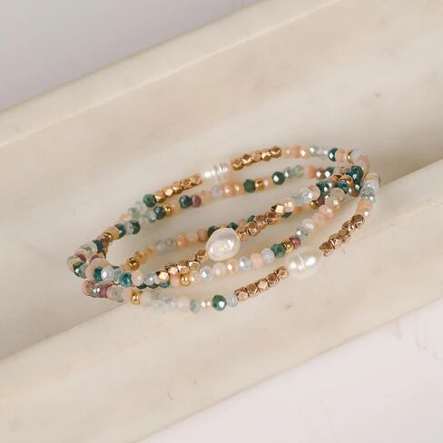 Dainty Pearl Beaded Bracelets for Women,Freshwater Pearl Stretch Multilayer Bracelet Stack Boho Charm Accessories Birthday Summer Beach Boho Vacation Jewelry Gifts in Kuwait