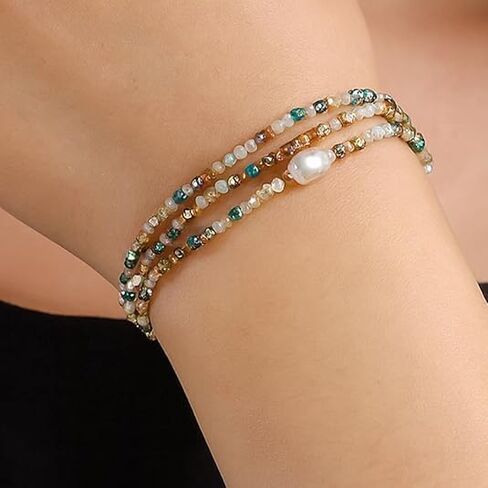 Dainty Pearl Beaded Bracelets for Women,Freshwater Pearl Stretch Multilayer Bracelet Stack Boho Charm Accessories Birthday Summer Beach Boho Vacation Jewelry Gifts in Kuwait
