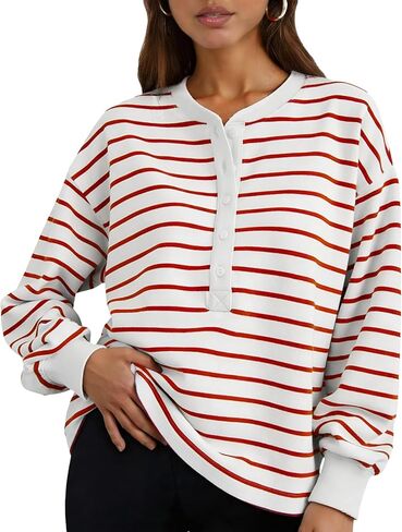 Womens Striped Sweatshirt Oversized Half Button Down Tops Crewneck Pullover Casual Long Sleeve Shirts in Saudi Arabia
