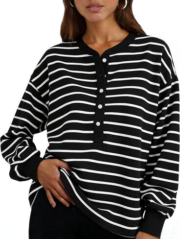 Womens Striped Sweatshirt Oversized Half Button Down Tops Crewneck Pullover Casual Long Sleeve Shirts in Saudi Arabia