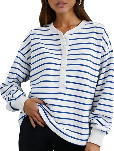 Womens Striped Sweatshirt Oversized Half Button Down Tops Crewneck Pullover Casual Long Sleeve Shirts in Saudi Arabia