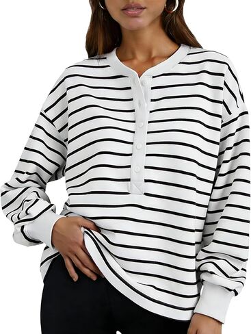 Womens Striped Sweatshirt Oversized Half Button Down Tops Crewneck Pullover Casual Long Sleeve Shirts in Saudi Arabia