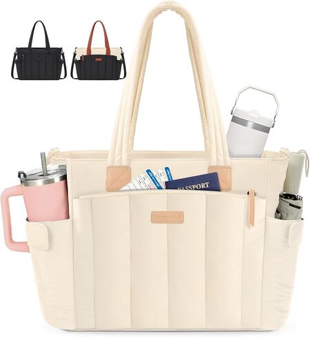 RAINSMORE Puffer Tote Bag for Women, Work Tote Bags with Large Cup Holder, 15.6 Inch Laptop Bag Quilted Tote Bag with Zipper, Lightweight Computer Purses for Travel College Office, Black-Beige-Brown in Saudi Arabia