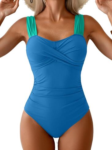 Womens One Piece Swimsuit Tummy Control Ruched Bathing Suits Crisscross Wrap Full Coverage Swimwear in Kuwait