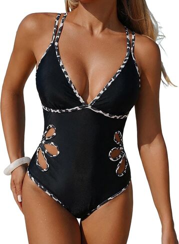 ZAFUL Women's Petal Cut Out One Piece Swimsuit Colorblock V Neck Dual Straps Crisscross Backless Bathing Suit in Saudi Arabia