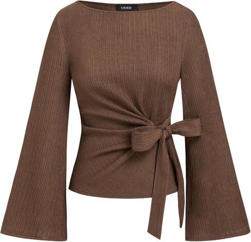 CIDER Women Boat Neck Tops Long Sleeve Shirts Ribbed Ruched Knit Going Out Top Brown in Saudi Arabia
