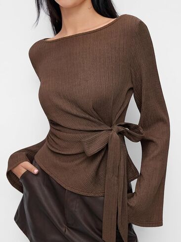 CIDER Women Boat Neck Tops Long Sleeve Shirts Ribbed Ruched Knit Going Out Top Brown in Saudi Arabia