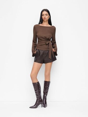 CIDER Women Boat Neck Tops Long Sleeve Shirts Ribbed Ruched Knit Going Out Top Brown in Saudi Arabia