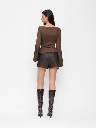 CIDER Women Boat Neck Tops Long Sleeve Shirts Ribbed Ruched Knit Going Out Top Brown in Saudi Arabia
