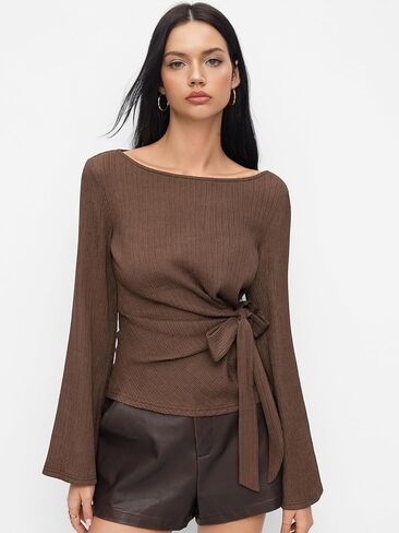 CIDER Women Boat Neck Tops Long Sleeve Shirts Ribbed Ruched Knit Going Out Top Brown in Saudi Arabia