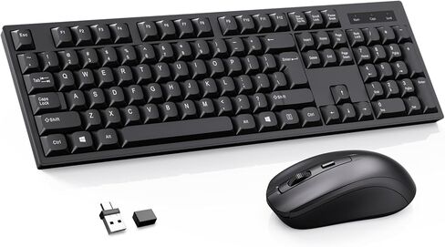 مجموعة لوحة مفاتيح وماوس لاسلكية - تصميم QWERTY بالحجم الكامل، غطاء مفاتيح استريو 2.4G مصمم هندسيًا لأجهزة الكمبيوتر المحمول، والكمبيوتر الشخصي، والكمبيوتر المحمول، والنوافذ، ولوحة المفاتيح الرقمية السلكية للكمبيوتر، مع جهاز استقبال USB-A وUSB-C 2 في 1 in Kuwait