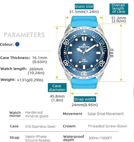 Solar Powered Dive Watch for Men, 1000FT/300M Water Resistance, Luminous Dial, Rotating Bezel, Stainless Steel Case, Japanese Movement in Saudi Arabia