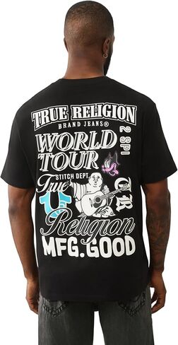 تي شيرت True Religion World Tour - تي شيرت برسومات للرجال - قميص قطني بأكمام قصيرة وشعار الرقبة المستديرة in Kuwait