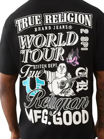 تي شيرت True Religion World Tour - تي شيرت برسومات للرجال - قميص قطني بأكمام قصيرة وشعار الرقبة المستديرة in Kuwait