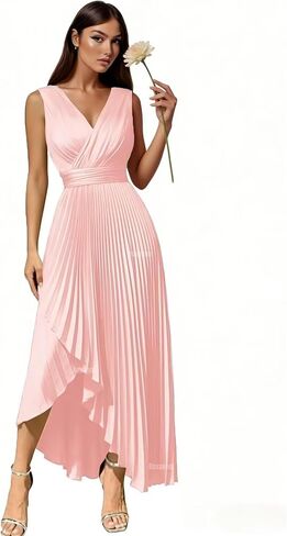 Roxanne Tea Length Bridesmaid Dresses for Women Satin Hi-Lo Prom Dresses Sleeveless Pleated Evening Gowns with Slit in Kuwait
