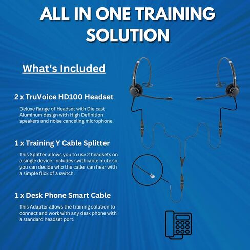 TruVoice HD-100 Headset Training Bundle for Phones | Agent Supervising, Coaching for Office and Call Center | Compatible with All Telephones with H/S Port Including Polycom Mitel Cisco Avaya Yealink in Kuwait