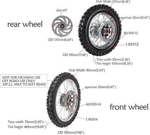 60/100-14 Front & 80/100-12 Rear Wheel Tire Rim With 12mm Bearing & Sprocket and Brake Disc Rotor Assembly for Dirt Pit Bike in Kuwait
