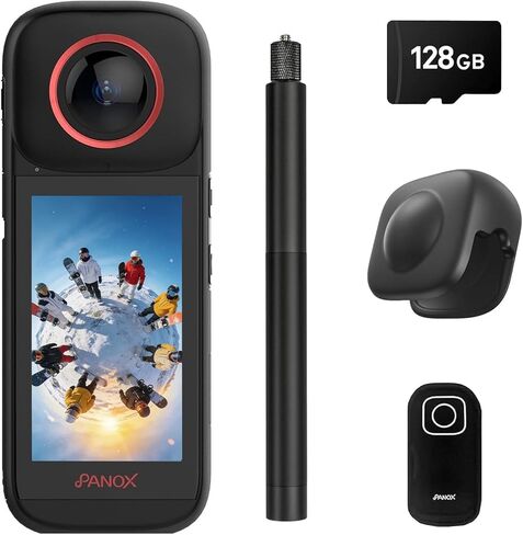 كاميرا V3 مضادة للماء بدقة 8K فيديو 360 درجة، تصوير على شاشة مقسمة وتحرير داخل الكاميرا، التثبيت، شاشة 3.0 بوصة، عصا سيلفي غير مرئية، واقيات عدسة قابلة للإزالة، بطاقة Micro SD للرياضة والسفر in Kuwait