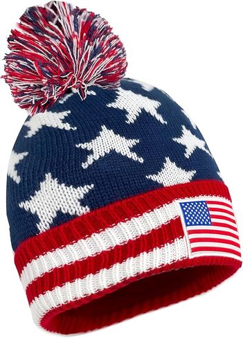 USA Winter Beanie with Pom Pom, Knit American Flag Cuffed Skull Beanie Cap Blue in Saudi Arabia
