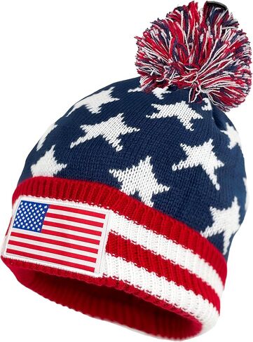 USA Winter Beanie with Pom Pom, Knit American Flag Cuffed Skull Beanie Cap Blue in Saudi Arabia