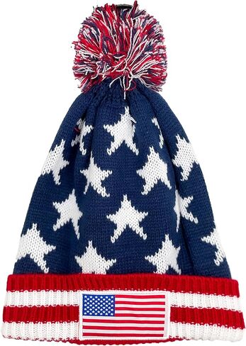 USA Winter Beanie with Pom Pom, Knit American Flag Cuffed Skull Beanie Cap Blue in Saudi Arabia