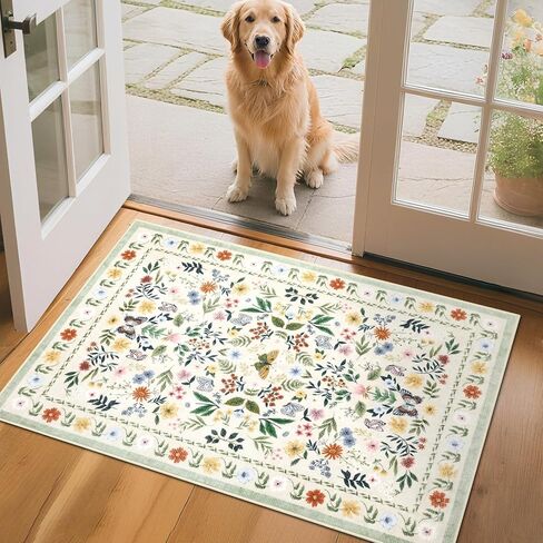 GarveeHome Floral Rug 5x7 Vintage Washable Non-Slip Living Room Carpet Soft Low Pile Thin Bedroom Floor Mat Indoor for Dining Room Playroom Nursery Farmhouse (Green) in Saudi Arabia