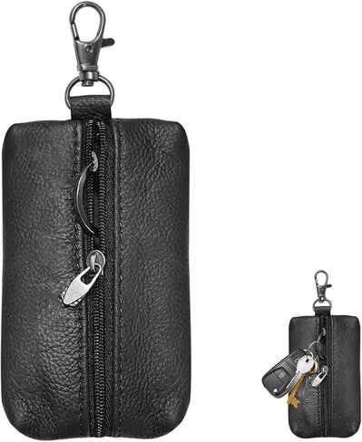Genuine Leather Key Case, Unisex Car Key Holder Wallet with Key Ring, Universal Zippered Key Pouch Keychain (Black) in Saudi Arabia