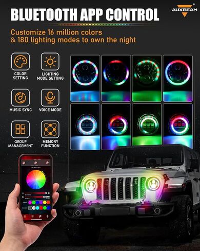 Auxbeam RGB LED 9 Inch Headlights+4 Inch Fog Lights, Bluetooth APP Control DOT-Approved Headlights Fog Lights w/DRL Turn Signal, Compatible with Jeep Wrangler JL JLU 2018-2024, 1-Year Warranty in Saudi Arabia