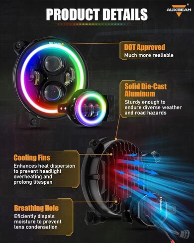 Auxbeam RGB LED 9 Inch Headlights+4 Inch Fog Lights, Bluetooth APP Control DOT-Approved Headlights Fog Lights w/DRL Turn Signal, Compatible with Jeep Wrangler JL JLU 2018-2024, 1-Year Warranty in Saudi Arabia