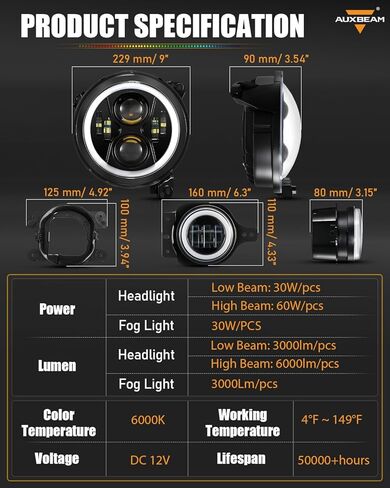 Auxbeam RGB LED 9 Inch Headlights+4 Inch Fog Lights, Bluetooth APP Control DOT-Approved Headlights Fog Lights w/DRL Turn Signal, Compatible with Jeep Wrangler JL JLU 2018-2024, 1-Year Warranty in Saudi Arabia