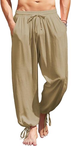 COOFANDY Men's Cotton Linen Pants Casual Harem Pants Elastic Waist Beach Boho Yoga Trousers in Kuwait