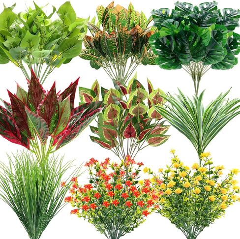 36 Pcs Outdoor Artificial Plants UV Resistant Fake Flowers Greenery Stems Faux Tropical Plants Shrubs for Outside DIY Garden Porch Planter Window Box Spring Summer Decor(Tropical) in Saudi Arabia
