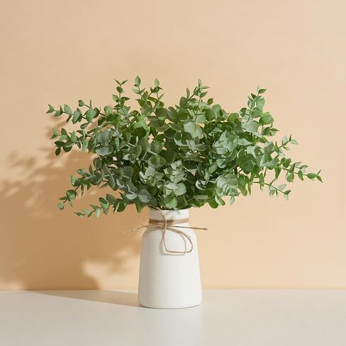 ينبع الأوكالبتوس الاصطناعي في مزهرية سيراميك بيضاء مضلعة، نباتات خضراء واقعية 14 بوصة ترتيبات نباتات صناعية ديكور منزلي قطع مركزية لحفلات الزفاف in Kuwait