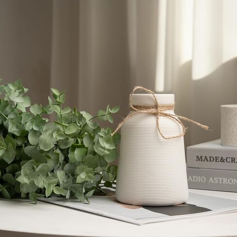 ينبع الأوكالبتوس الاصطناعي في مزهرية سيراميك بيضاء مضلعة، نباتات خضراء واقعية 14 بوصة ترتيبات نباتات صناعية ديكور منزلي قطع مركزية لحفلات الزفاف in Kuwait