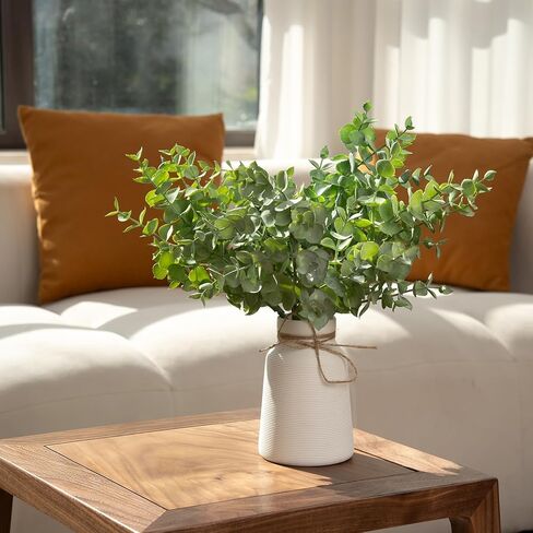 ينبع الأوكالبتوس الاصطناعي في مزهرية سيراميك بيضاء مضلعة، نباتات خضراء واقعية 14 بوصة ترتيبات نباتات صناعية ديكور منزلي قطع مركزية لحفلات الزفاف in Kuwait